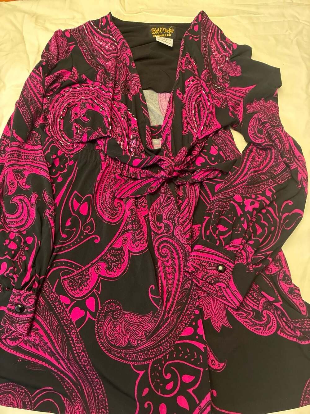 Bob Mackie Wearable Art XS Pink and Black Paisley Beaded Tie-Front Tunic Top